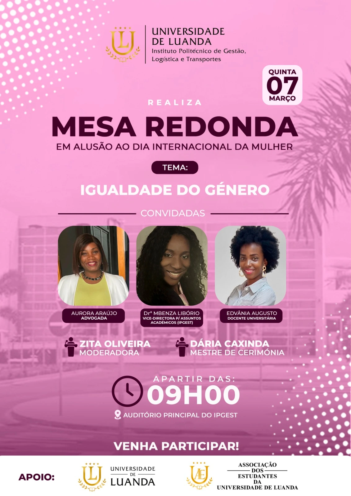 O Instituto Politécnico de Gestão, Logística e Transportes da Universidade de Luanda, designada por IPGEST, realizou no passado dia 07 de Março de 2024, actividade em alusão ao dia Internacional da Mulher com o tema IGUALIDADE DE GÊNERO.